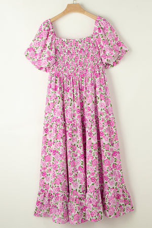 Pink Plus Size Floral Print Smocked Puff Sleeve Maxi Dress