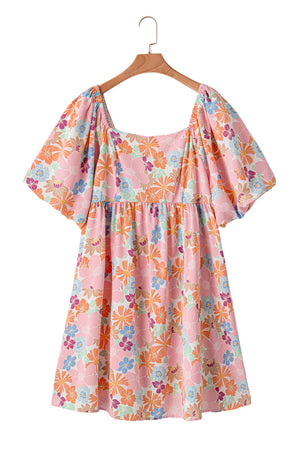 Multicolour Floral Puff Sleeve Square Neck Plus Babydoll Dress