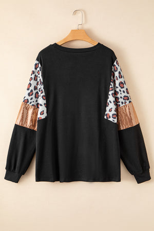 Black Plus Size Leopard Sequin Patchwork Long Sleeve Top