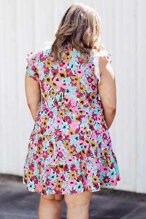 Red Floral Print Ruffled Cap Sleeve Plus Size Mini Dress