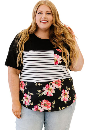 Black Stripe Floral Casual Splicing Block Plus Size Top