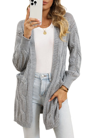 Gray Ribbed Trim Hollow Knit Side Slits Cardigan