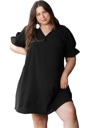 Black Ruffled Puff Sleeve V Neck Plus Size Mini Dress