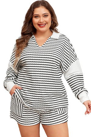 Black Stripe Textured V Neck Long Sleeve Top and Shorts Plus Size Set