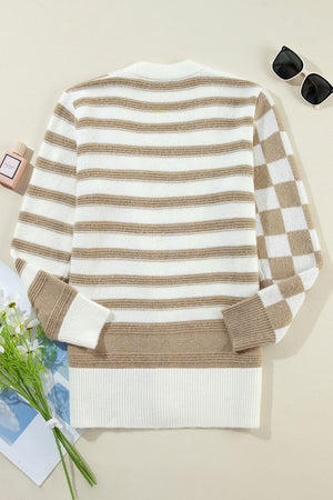 Smoke Gray Gingham Striped Knitted Open Front Cardigan