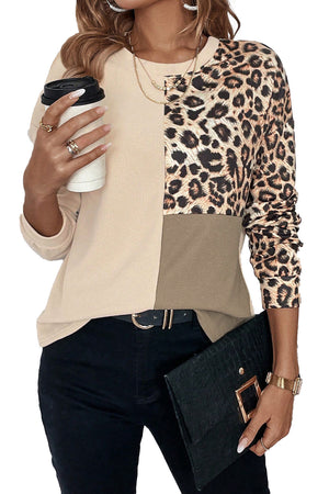 Pale Khaki Casual Waffle Knit Leopard Contrast Long Sleeve Top