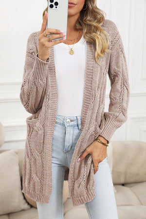 Gray Ribbed Trim Hollow Knit Side Slits Cardigan