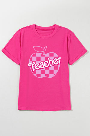 Rose Red Teacher Checkered Apple Graphic Crewneck T Shirt