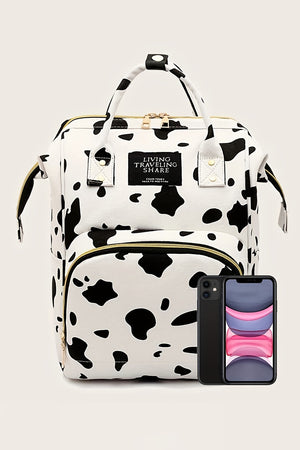 Bright White Animal Spot Print Multi Pocket Canvas Backpack