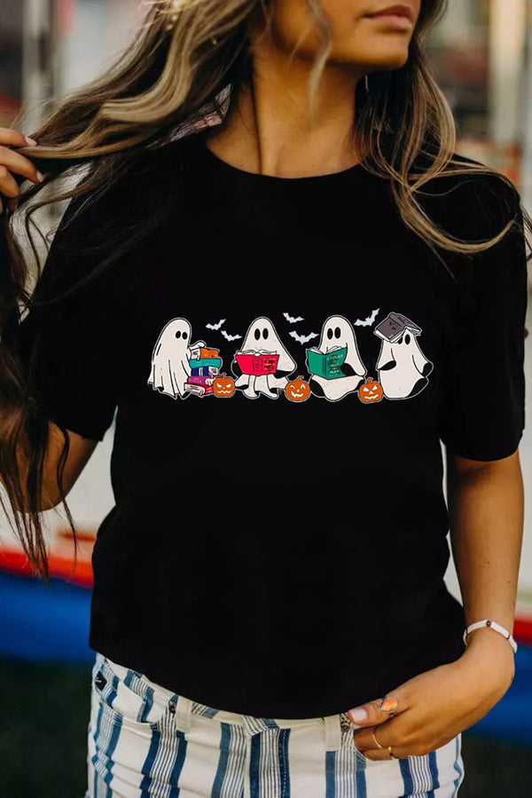 Black Casual Ghost Print Halloween Graphic Tee