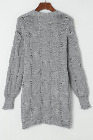 Gray Ribbed Trim Hollow Knit Side Slits Cardigan