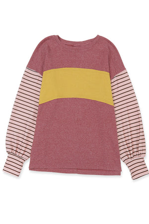 Red Colorblock Striped Bishop Sleeve Top with Side Slits