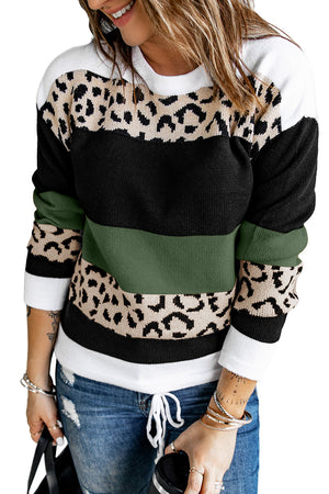 Green Leopard Color Block Casual Knit Pullover Sweater