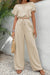 Beige Crinkled Elastic Hem Crop Tee and Wide Leg Pants Set