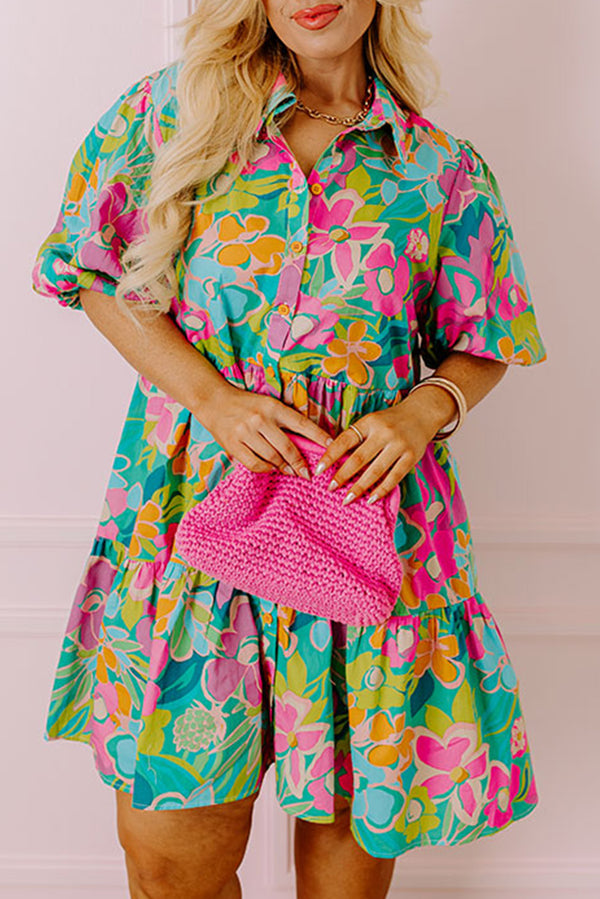 Green Plus Floral Print Puff Sleeve Tiered Shirt Dress