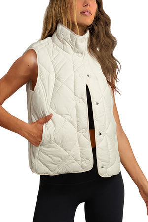 Beige Quilted High Neck Button Up Pocket Vest Coat