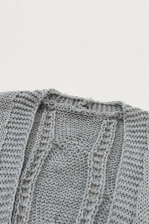 Gray Ribbed Trim Hollow Knit Side Slits Cardigan