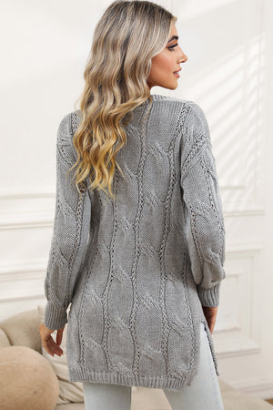 Gray Ribbed Trim Hollow Knit Side Slits Cardigan