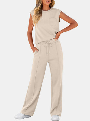 Full Size Round Neck Top and Drawstring Pants Set