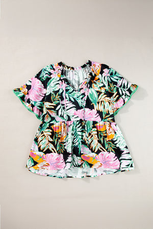 Black Plus Tropical Print Ruffled Sleeve Flowy Blouse