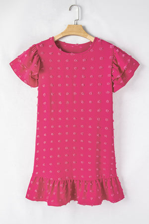 Strawberry Pink Plus Size Swiss Dot Short Ruffle Sleeve Mini Dress