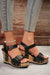 Camel Rivet Buckle Closure Wedge Sandals