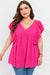 Pink Crinkle V Neck Tie Back Ruffle Plus Size Top