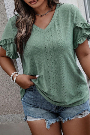 Laurel Green Petal Sleeve Jacquard V Neck Plus Size Blouse