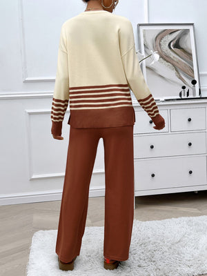 Devine Slit Striped Round Neck Top and Pants Sweater Set