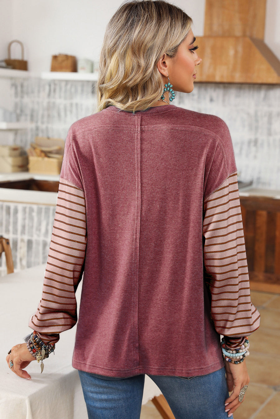 Red Colorblock Striped Bishop Sleeve Top with Side Slits