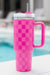 Pink Checkered Print Handled Stainless Steel Tumbler Cup