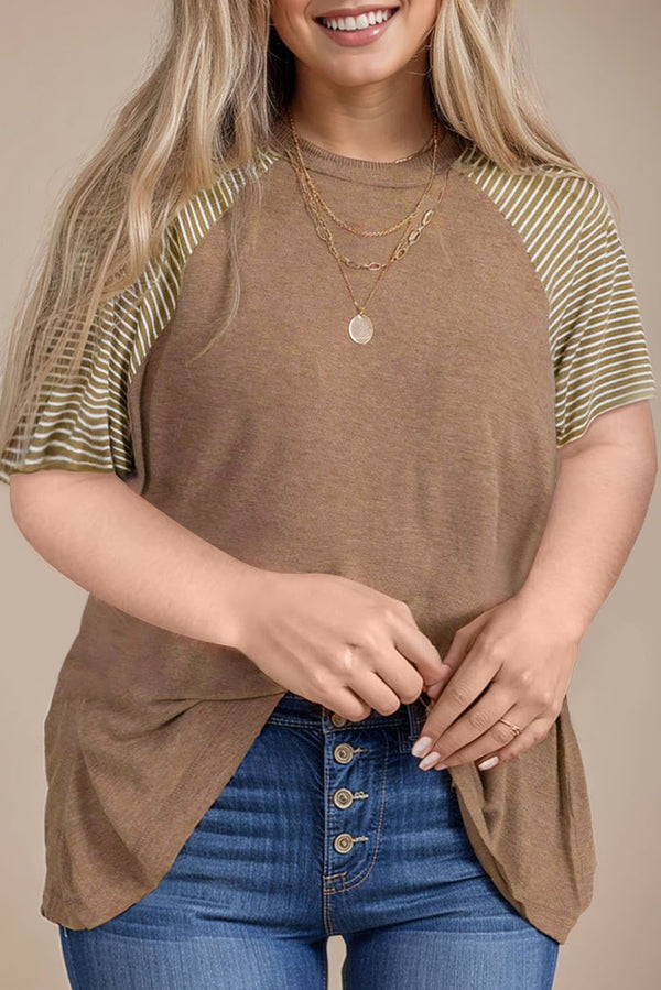 Light Beige Striped Raglan Sleeve Crewneck Plus Size T Shirt