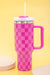 Pink Checkered Print Handled Stainless Steel Tumbler Cup