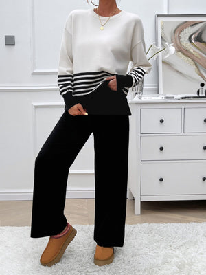 Devine Slit Striped Round Neck Top and Pants Sweater Set