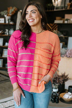 Yellow Plus Size Color Block Striped Knit Sweater