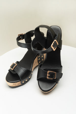 Camel Rivet Buckle Closure Wedge Sandals