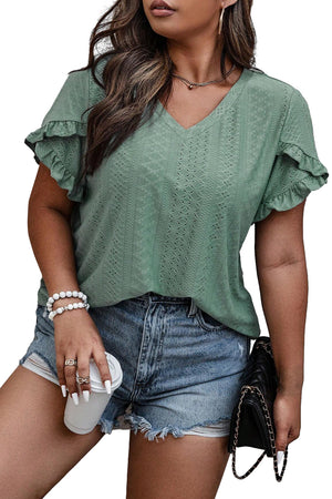 Laurel Green Petal Sleeve Jacquard V Neck Plus Size Blouse