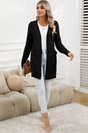 Gray Ribbed Trim Hollow Knit Side Slits Cardigan