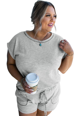 Gray Contrast Stitching Plus Cuffed Sleeve Tee and Shorts Set