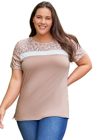 Khaki Leopard Color Block Plus Size Top