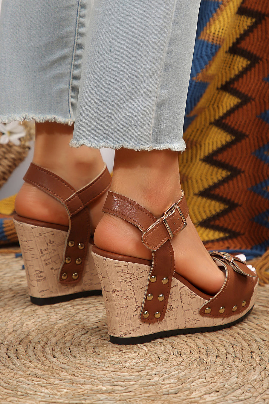 Camel Rivet Buckle Closure Wedge Sandals