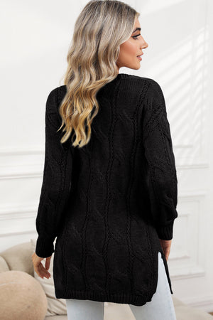 Gray Ribbed Trim Hollow Knit Side Slits Cardigan