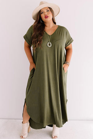 Green V Neck Rolled Cuffs Plus Size Maxi Dress