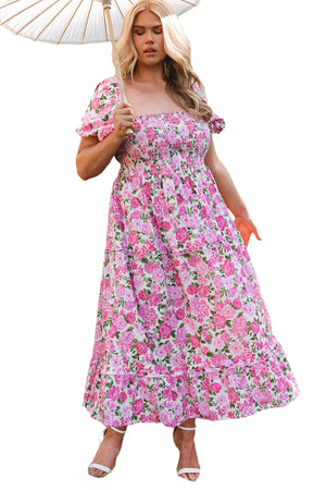 Pink Plus Size Floral Print Smocked Puff Sleeve Maxi Dress