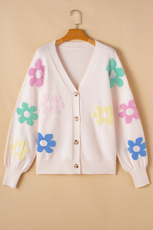 Beige Cute Flower V Neck Buttoned Plus Size Cardigan