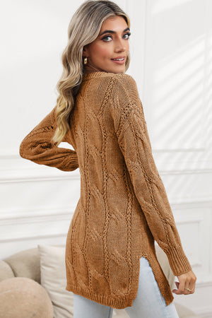 Gray Ribbed Trim Hollow Knit Side Slits Cardigan