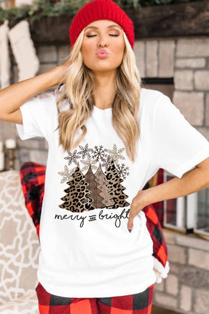 White Leopard Christmas Tree Casual Crew Neck Graphic Tee