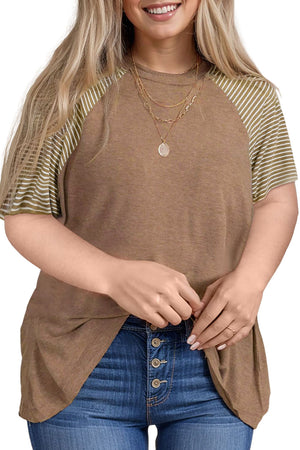 Light Beige Striped Raglan Sleeve Crewneck Plus Size T Shirt