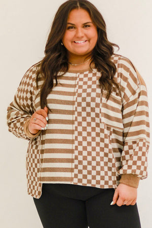 Khaki Striped Checkered Patchwork Ribbed Plus Size Top