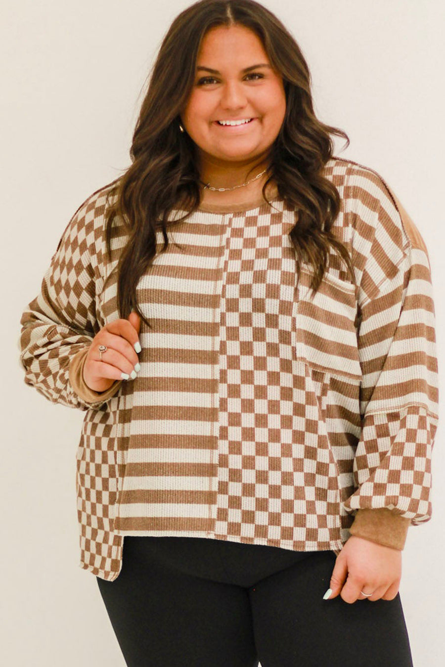 Khaki Striped Checkered Patchwork Ribbed Plus Size Top